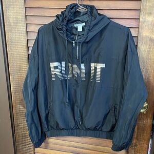 Forever 21 Black Run It Windbreaker Jacket Hooded Pullover Athleisure Size L